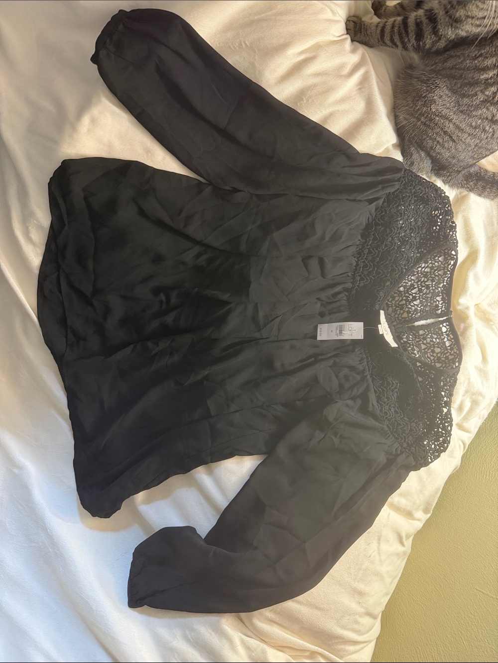 LOFT Black Lace-Trim Sheer Long-Sleeve Shirt